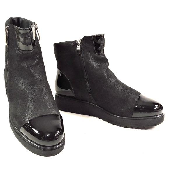 MARZETTI 🇮🇹 WOMEN'S BLACK SUEDE & PATENT LEATHER LAMB FUR COMFORT BOOTIE - Picture 1 of 7